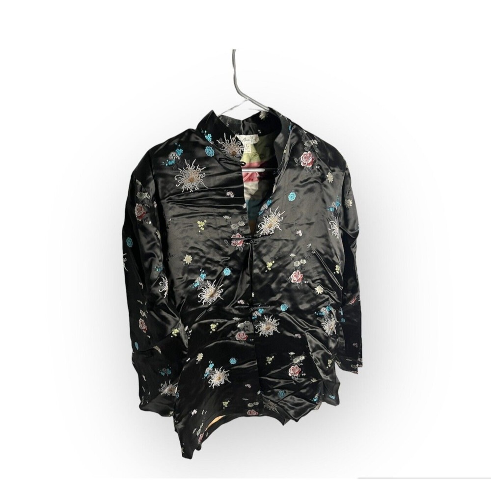 Silk Box Large Black Floral Cheongsam Embroidered Top L